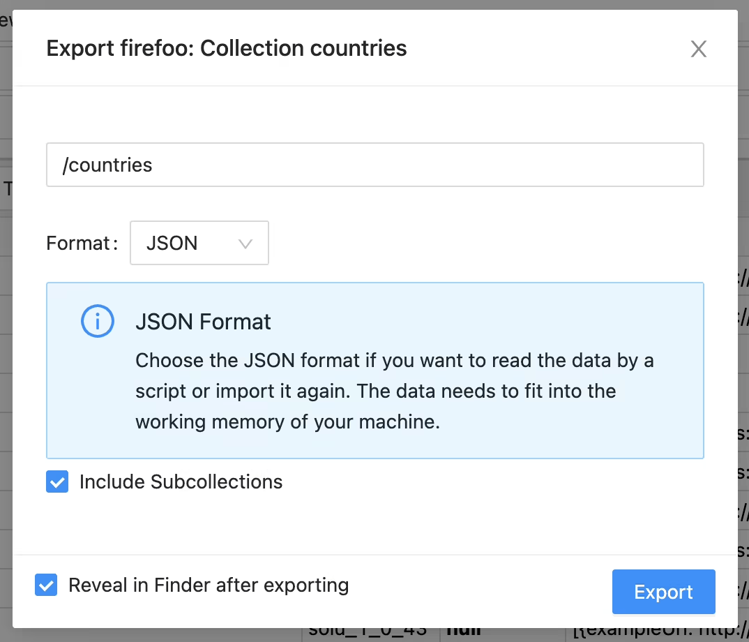 Firestore To JSON - Click The Export Icon