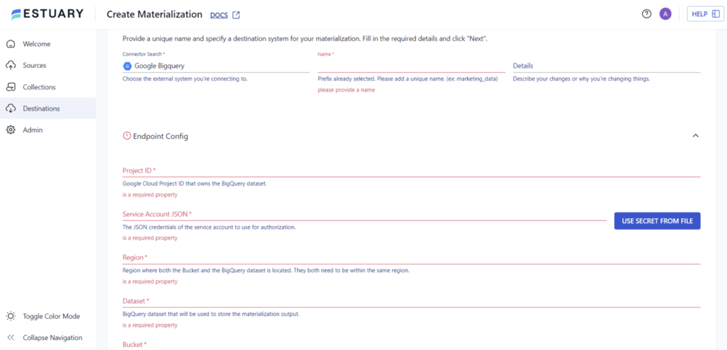 Netsuite to Bigquery - Materialization Details - Fill in Endpoint Configuration Details