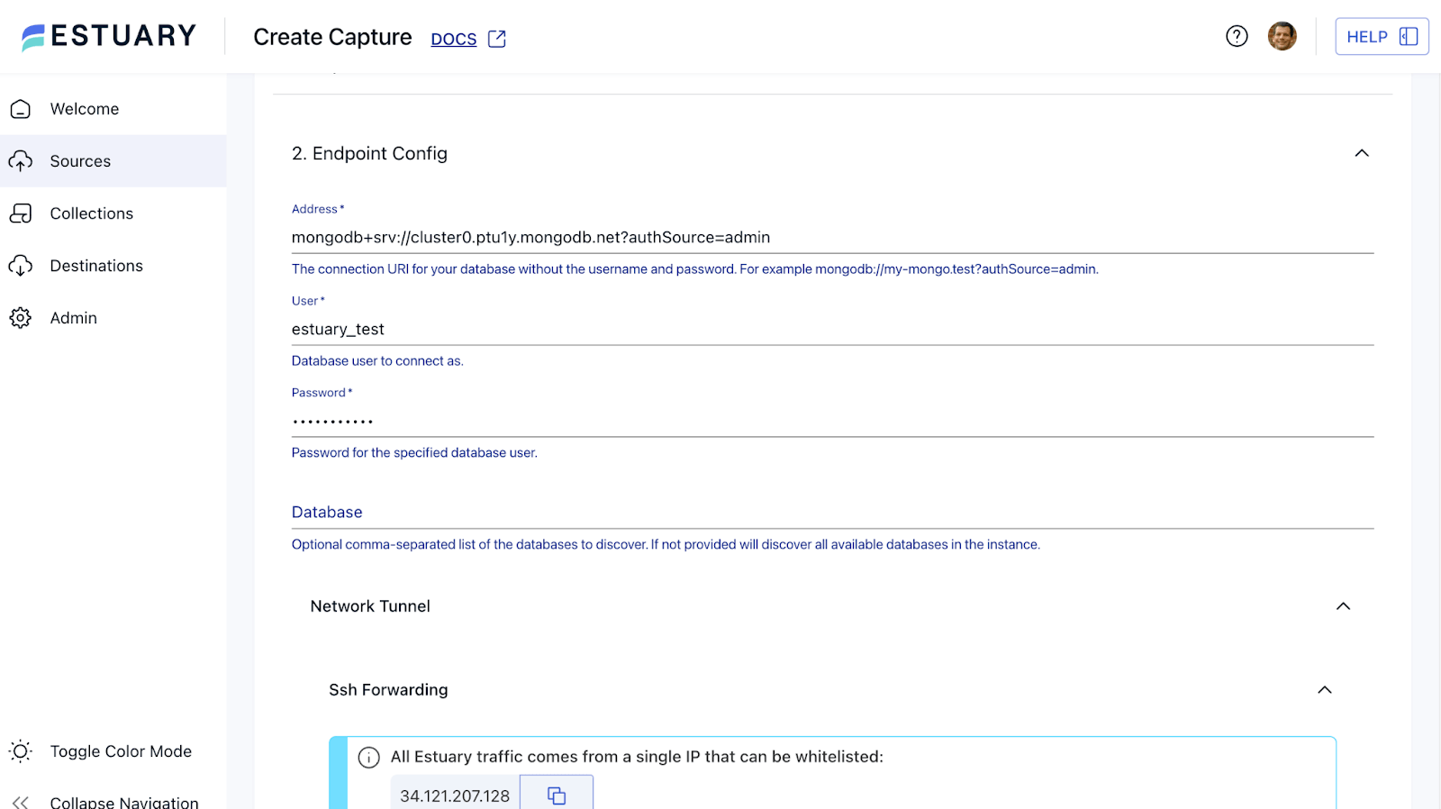 MongoDB to Snowflake - Create Capture - Endpoint Configuration