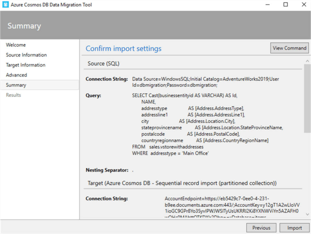 SQL Server to CosmosDB - Summary of All Settings