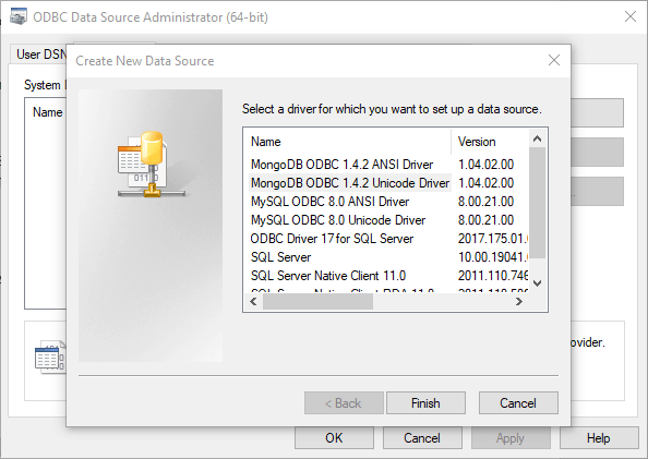 mongodb to sql server - create new data source