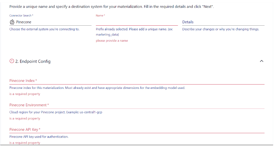 postgres to pinecone - endpoint config