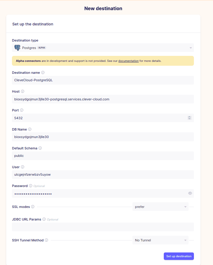 MongoDB to Postgres - Airbyte Dashboard - Postgres Destination Details