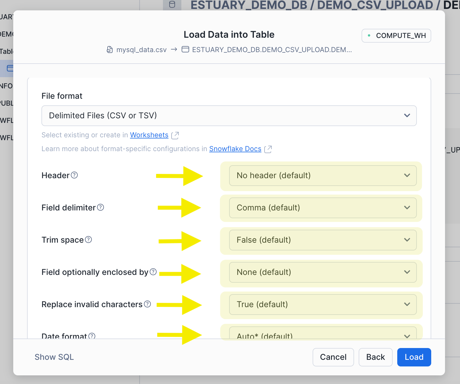 MySQL to Snowflake - Provide Snowflake Metadata