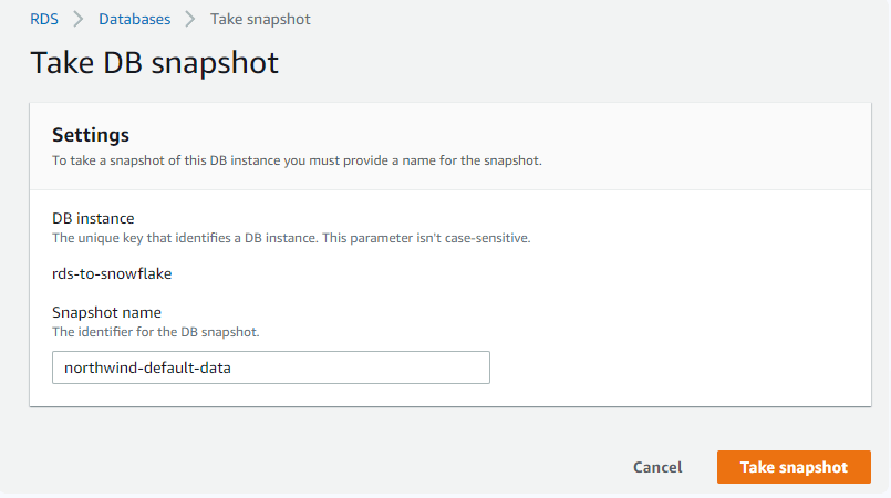 Amazon RDS to Snowflake - Take DB snapshot