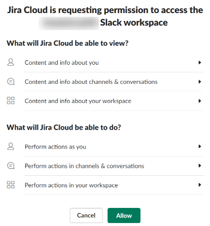 Jira to Slack - Jira Cloud permission request for slack workspace