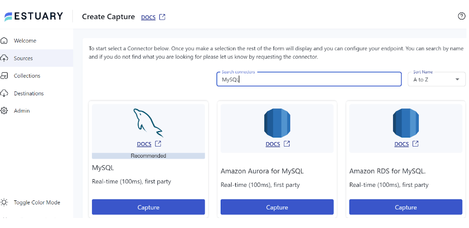 MySQL to DynamoDB - Search connectors page