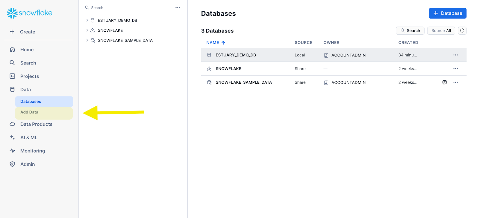 MySQL to Snowflake - Upload extracted files using Snowsight interface - Click Add Data