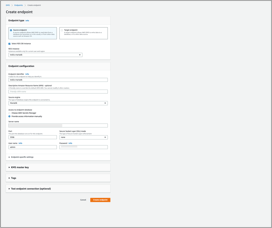 MariaDB to Redshift - DMS Step 2 - Create Endpoint